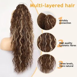 ORSUNCER Ponytail Extension Claw 30" Curly Pony Tail Clip in Claw Hair Extensions Fluffy Natural Looking Synthetic Hairpiece for Women Light Brown Highlight