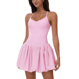 Women's Tennis Dress Spaghetti Straps Ruffle Cami Bubble Golf Dress with Shorts Yoga Fitness Active Dresses