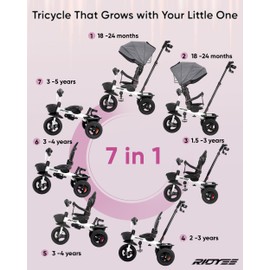 RIDYEE 7-in-1 Tricycle for 18 Months to 5 Years, Rotatable Seat for Toddlers 1.5-3, Tricycle for 3-5 Years with DIY Stickers, All-Terrain Rubber Tires, Double Brake
