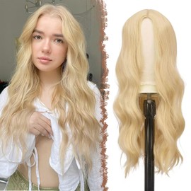 QAUARUMSUN Long Blonde Wigs for Women, 26 inch Middle Parting Synthetic Wavy Wig Natural Looking for Daily Use Party Cosplay