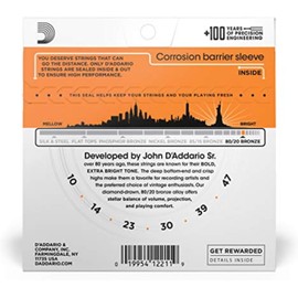 D'Addario 80/20 Bronze Cuerdas para Guitarra Acústica Calibre Extra Ligero, 10-47 6 Cuerdas Bronce 80/20 EJ10
