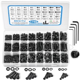 Besitu 1760pcs M2 M3 M4 M5 Metric Screw Assortment, Grade 12.9 Alloy Steel Hex Socket Head Cap Metric Bolts and Nuts Kit, Black Zinc Plated and Anti Rust Metric Screw Set with 4 pcs Hex Wrenches