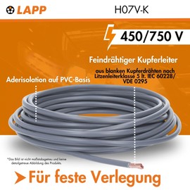 10 m Lapp 4520064 H07V-K 6 mm² Grey I Wiring Cable I Flexible Wire Cable PVC Single Core I Stranded 6 mm2 I Wiring