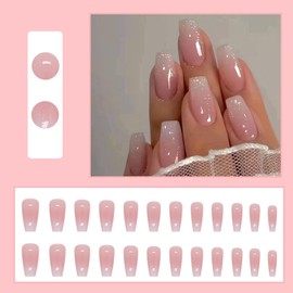 DMQ French False Nails Short, 24Pcs Coffin Press on Nails Pink Gradient Stick on Nails, Removable Glue-on Nails with Glue, Acrylic Full Cover Fake Nails for Women Girls Nail Art Accessories