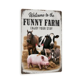 Funny Farm Welcome Sign – Rustic Animal Wall Decor With Horse, Cow, Chicken, Donkey & Pig – Vintage-Style Farmhouse Humor Art 8x12