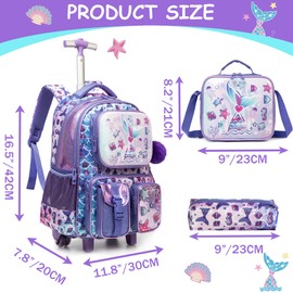Meetbelify Mermaid Rolling Backpack with Wheels for Girls Rolling Backpacks with Lunch Box for Elementary School Students 3 in 1 Kids Travel Luggage Suitcase for Girls Age 8-10