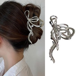 Metal Bow Knot Hair Claw Clips Bow Hair Claw for Women 1Pcs Silver Ribbon Bow with Pearl Hair Claw Clips for Thick Hair Bow Hair Clips Hair Clips Big Hair Clips Cute Clips Cute Hair Clips Accessories