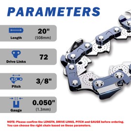 Yeerch 20 Inch Chainsaw Chain 3/8" Pitch, .050" Gauge, 72 Drive Links, 20 Saw Chain Fits for Stihl, Husqvarna, Poulan Pro and More 20" Saw Chain (Semi-Chisel)