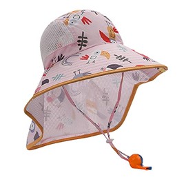 CLAPE Mesh Sun Hat Children's Wide Brim Fishing Hat Mesh Summer Hat Girls Boys UV Protection Beach Hat for 3-10 Years Peaked Cap with Neck Protection, BAY02-Pink Woodpecker