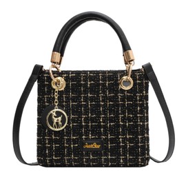 FGJKKK Quilted Shoulder Bag Purse for Women Fashion Tweed Pearl Clutch Handbag Designer Small Crossbody Bag, with Chain Strap, Black-1