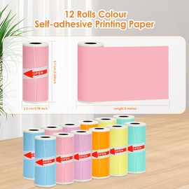 HuiJuKeJi 12 Rolls Mini Printer Sticker Paper,Thermal Self-adhesive paper 57 * 25mm,12 Rolls of Colour Paper for Pocket Inkless Portable Bluetooth Printer to Print Photo,Note