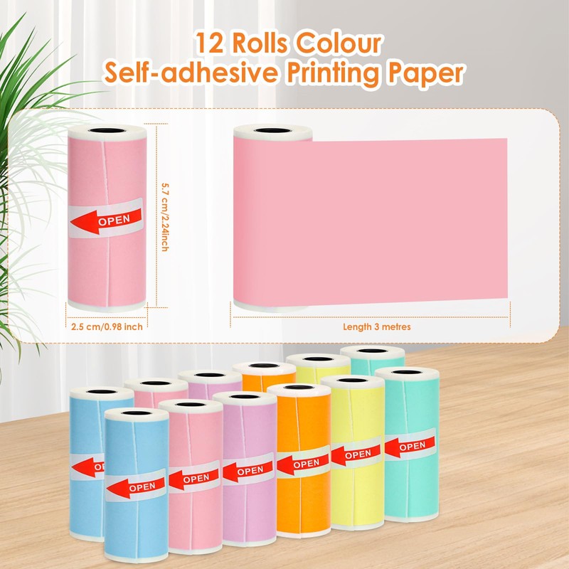 HuiJuKeJi 12 Rolls Mini Printer Sticker Paper,Thermal Self-adhesive paper 57