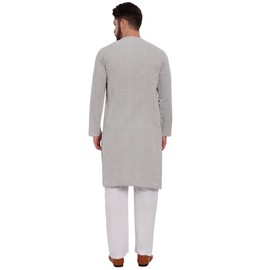 SKAVIJ Men's Handloom Cotton Solid Kurta Pajama Set Round Neck Casual Dress (KP117grey_Grey_S)