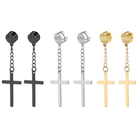 NEWITIN 3 Pairs Magnetic Stud Earrings for Men Stainless Steel Magnetic Earrings Men Clip on Earrings Non Piercing Hoop Dangle Cross Earrings for Men Women