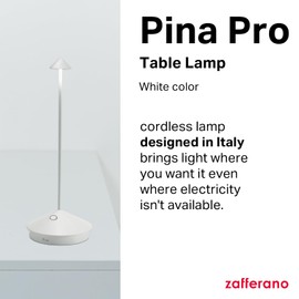 Zafferano, Pina Pro Lamp, Rechargeable Cordless Table Lamp with Touch Controls, Suitable for Indoor and Outdoor, Dimmer, 2200-3000 K, Height 11.4 Inches, White Color