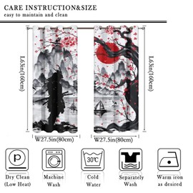 Retro Japanese Room Darkening Blackout Window Curtains with Grommets,Watercolor Ink Samurai Red Sun Mountain Cherry Blossoms Energy Efficient Window Treatment for Living Room 2 Panels 63L x 27.5W