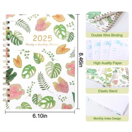 KINGTLE Monthly Weekly Planner 2025, Calendar Planner Notebook with Monthly Tabs,2025 Planner from Jan to Dec with Elastic,Monthly Calendar with Stickers for Home, Office, School (Amaranth leaf)