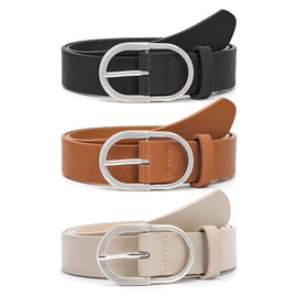 WHIPPY 3 Pack Women's Leather Belts for Jeans Fashion Gold Buckle Ladies Waist Dress Belt, Black+Brown+Beige/Silver Tone, M:Fit Waist Size 32-37 inches