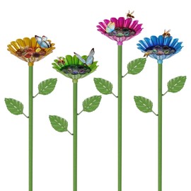 Bee Watering Station, 4 Pack Metal Bee Bath for Garden, Bee Feeder for Thirsty Pollinators with 20 Glass Marbles, Butterfly Feeder Yard Decor, Outdoor Colorful Flower Design