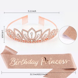 CURASA Rose Gold Princess Crown & "Birthday Princess" Sash Kit Pretty Birthday Crown and Glitter Sash for Women Cute Tiaras for Little Girls Best Gifts for Girls Hair Accessories for Women
