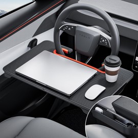 YONZEE 2-in-1 Car Steering Wheel Desk Tray & Car Seat Gap Filler Organizer – Foldable Carbon Fiber Look Table for Laptop, Eating, Writing – for Standard Round Steering Wheels