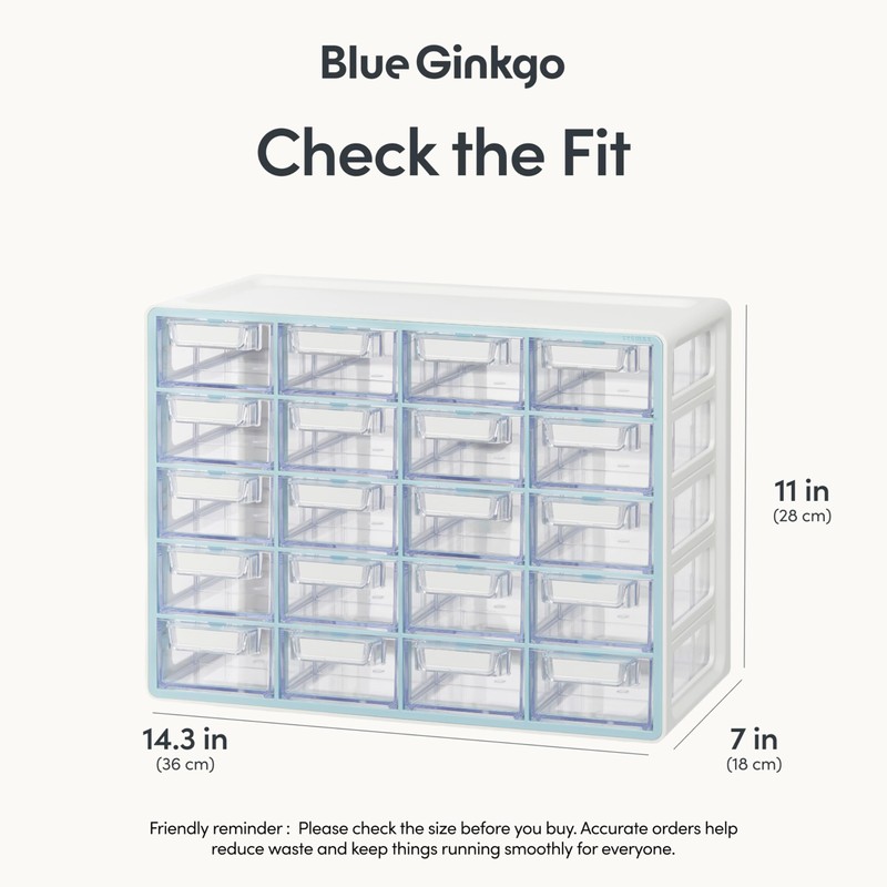 Blue Ginkgo Small 20-Drawer Cabinet – Stackable Clear Organizer for