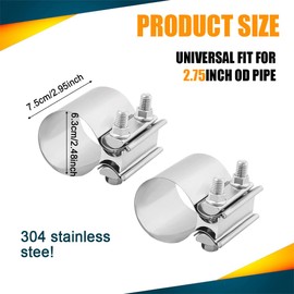 RGOAANC 2Pcs Exhaust Clamp Exhaust Pipe Clamp, Exhaust Clamp, 2.0” 2.25” 2.5” 2.75” 3.0” 4.0” Butt Joint Stainless Steel Clamp Band, Car Accessories Pipe Repair Clamp Fit for Exhaust Pipe (2.75inches)
