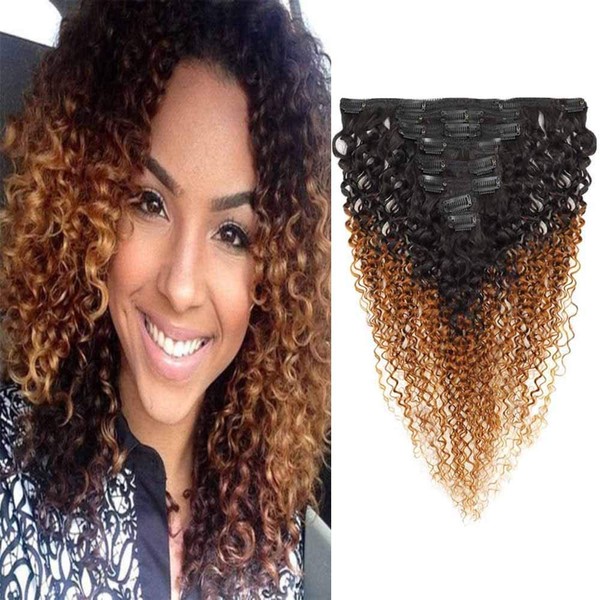 Adette Ombre Clip in Hair Extensions t30 Curly Clip In Hair Extensions Human Hair 3c 4a Afro Kinkys Curly 14 Inches Clip Ins Curly Ombre Brown Hair Extensions for Black Women 135g/set