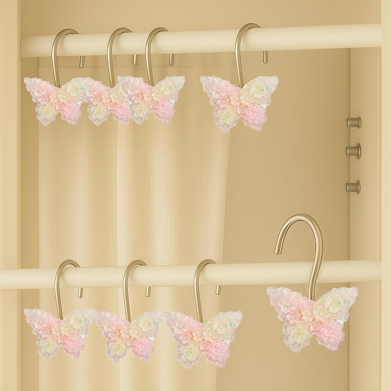 YOINIUEM 12 Pack Glitter Pink Butterfly Shower Curtain Hooks -