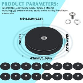Rubber Coated Magnet Neodymium Magnet Base with Rubber Coating Anti Scratch Magnet with Rubber Coated Male Thread Rubber Coated Magnets with Bolts Nuts Lighting Camera Tools (16 Pcs, Black, 43 mm)