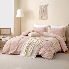 TOCOMOA Pink Tan Gingham Duvet Cover Bedding Set 100% Washed Cotton Like Linen Feel Super Soft Comfy 3 Piece Vintage Plaid Checkered Fall Comforter Cover Set (King 104"x90", Comforter Not Included)