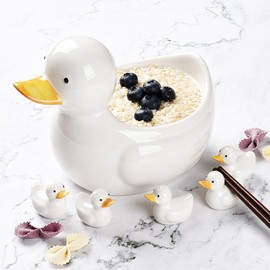 Cute duck spoon holder and bowl set (2 types), 02. Fluffy duck spoon holder set / 귀여운 오리 수저받침대 그릇 세트 2종, 02.퉁퉁이 오리수저받침세트