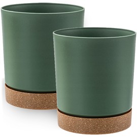PECZEKO Matte Flower Pot, Plastic Planter, Decorative Pot for Large and Small Plants, Set of 2 Flower Pot, Herb Pot (2 Pack) Green, Diameter 13 cm