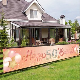 Happy 50th Birthday Banner,50th Birthday Decoration Rose Gold,Party Backdrop Banner Fabric Banner for Women Men 50th Birthday Photo Backdrop,Photography Background,Outdoor Yard Garden Table Wall Decor