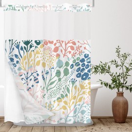 Tititex No Hooks Snap in Liner Colorful Coral Shower Curtain, Hotel Luxury Double Layers Waterproof Fabric & See-Through Top Window Bathroom Decorative 72x78 Inch