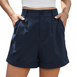Jouica Womens Casual Solid High Waist Zippered Wrap Wide Leg Roll Up Shorts with Pocket,01Navy Blue,Medium