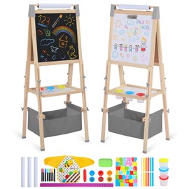 TODEFULL 3 in 1 Adjustable Kids Art Easel Set, Dual-Sided Wooden Art Station w/Magnetic Whiteboard, Chalkboard & Paper Roll, Height Adjustable Standing Painting Easel for Toddlers Ages 3+, Gray