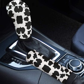 KEIAHUAN Black & White Cow Print Handbrake Cover Gear Shift Knob Cover Set Universal for Car Auto SUV Interior Decoration Accessories 2PCS