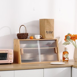 Furlide Wooden Kitchen Cabinets, Small Bamboo Countertop Organizer, Cupboard, Wall Cabinet with 2 Glass Sliding Door, Pantry Storage Cabinet for Kitchen, Living Room, Dinning Area and Bathroom, Wood