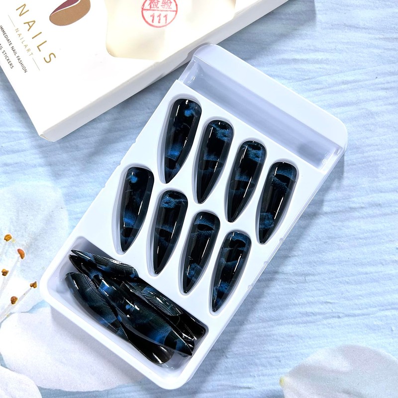 Dark Blue Almond Tip Press on Nails Extra Long Black