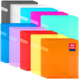 EXTRAPINS 45PCS Clear Colored Plastic Folders, 12.2" x 8.7", Clear Document Folders, Project Pockets, L-Type Plastic Sleeves for School Office Supplies (10 Colors)