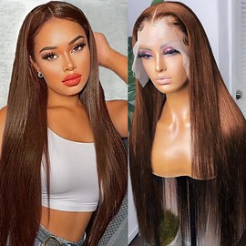 AUOU 28 Inch Chocolate Brown Lace Front Wig Human Hair 200% Density 13x6 Hd Transparent Straight Lace Front Brown Wigs Human Hair Pre Plucked Frontal Lace Wig 4# Glueless Wigs for Women