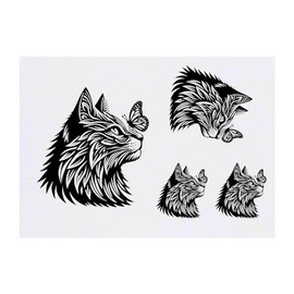 4 x 'Stylised Cat with Butterfly' Temporary Tattoos - Water Resistant, Skin-Safe, Non-Toxic Transfers, Mixed Sizes (TO00070562)