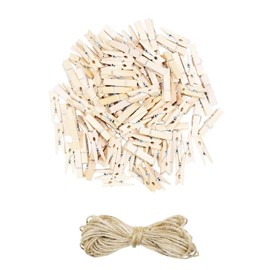 FOONEA Sturdy Mini Clothes Pins for Photo, 100 Pcs 1.4 Inch Natural Wooden Clothespins with 33 FT Jute Twine, Small Clips for Crafts Display, Baby Shower Game, Hanging Decorative Pictures
