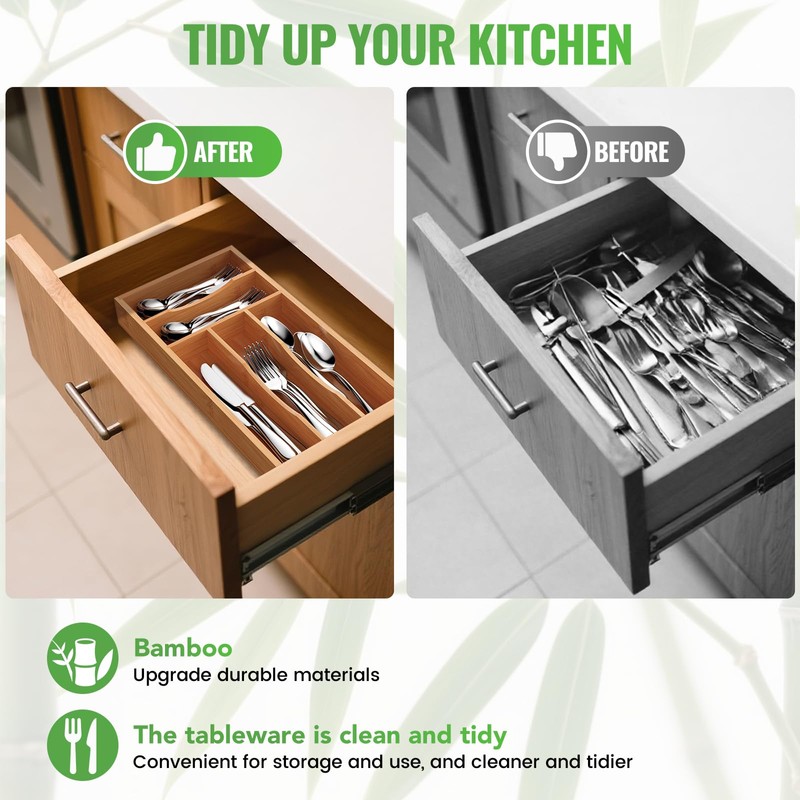 Small Silverware Organizer, Bamboo Kitchen Drawer Cutlery Organizer, Utensil Holder,