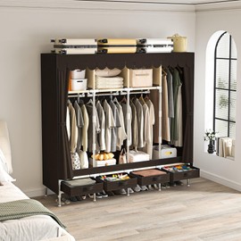 LEAIJIAFY Portable Wardrobe with 4 Drawers, 4 Hanging Rods - 67" Tall Sweater Organizer, Sturdy Easy Temporary Bedroom Wardrobe Organizer, Brown