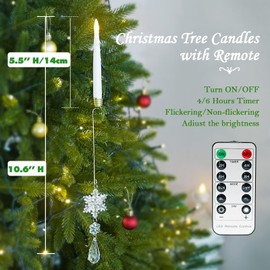 12PCS Christmas LED Taper Candles, Battery Operated Flickering Tree Candle with Remote Timer,Flameless Candles for Christmas Home Parties Birthday Gift with Snowflake Crystal Ball Hook (White)