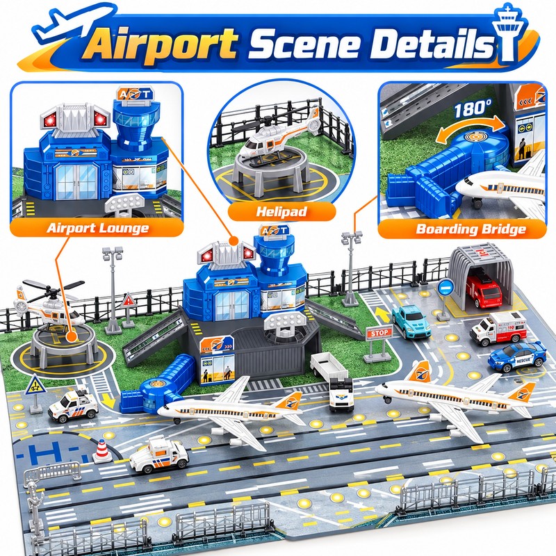 Airplane Toy Set with Helicopter, Trucks & Airport Playmat –