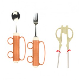 UKYCEORA Auxiliary Tableware,Feeding/Elderly/Anti-shake Spoon,Fork, Fork and Spoon,Three-piece Set, orange Handle Belt.