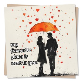 Beautiful Couple With Umbrella & Love Hearts - Birthday Card, Anniversary Card or Valentines Card For Partner - My Favourite Place Is Next To You - For Husband, Wife, Boyfriend, Girlfriend